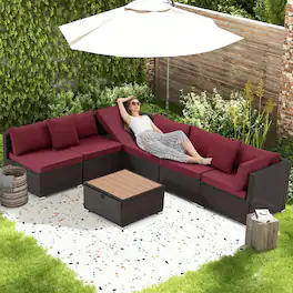 U-HOMY - 7-Piece Modular Outdoor Rattan Sofa Set – All-Weather Wicker Patio Furniture with Storage Table, Cushions & Pillows - Wine Red