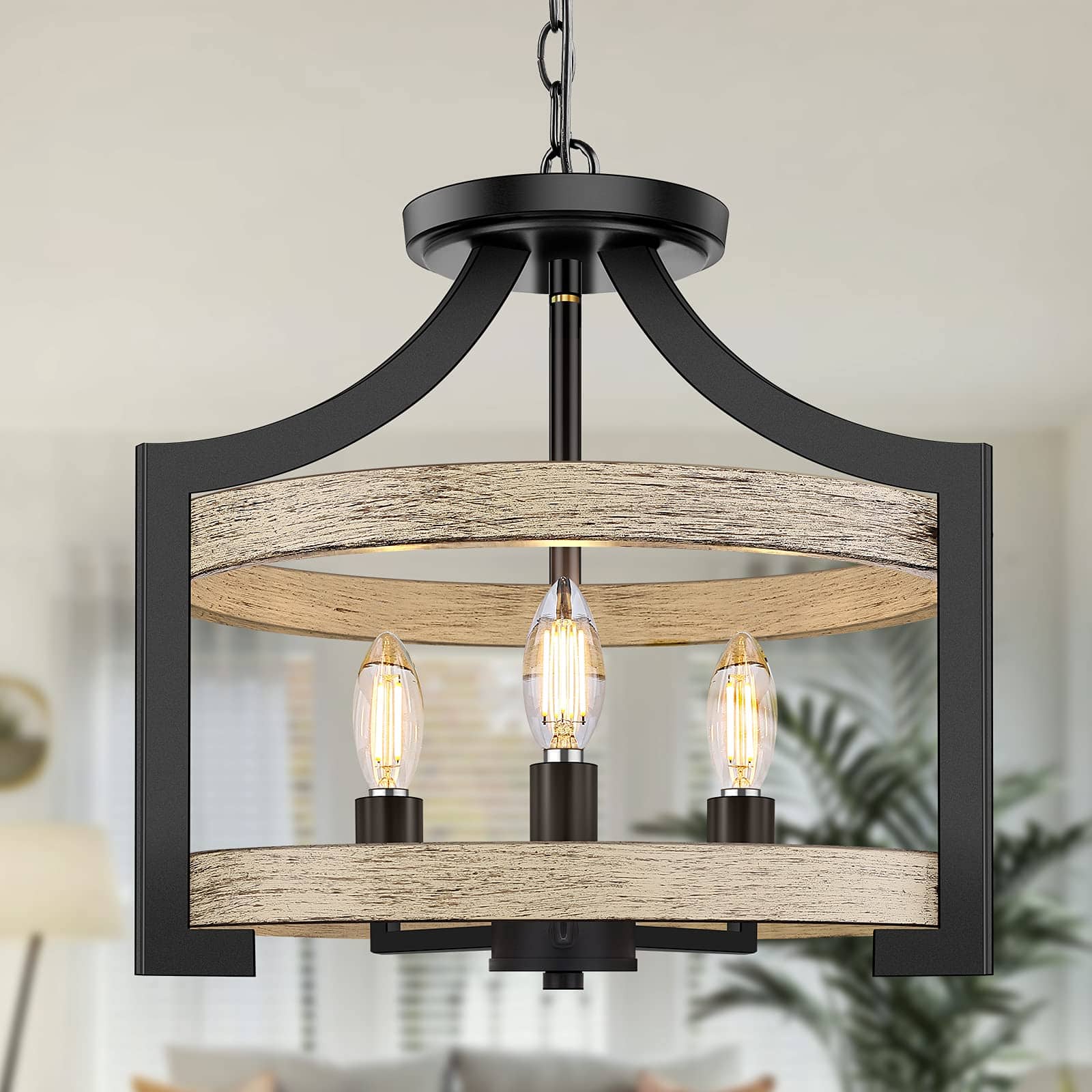 Nordic Hygge - 3-Light Farmhouse Chandelier with Adjustable Height in Wood