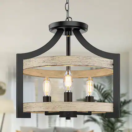Front. Nordic Hygge - 3-Light Farmhouse Chandelier with Adjustable Height in Wood.