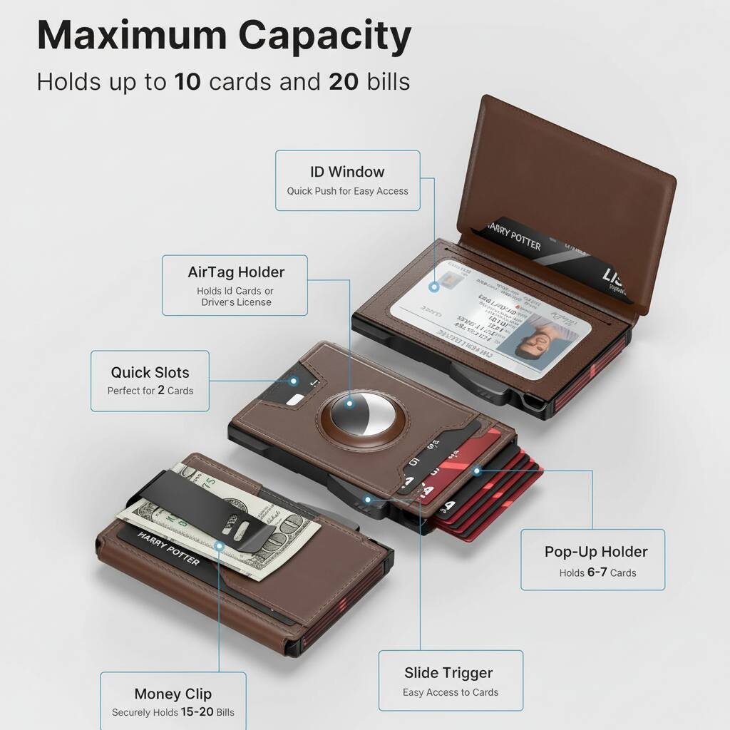 Maximum Capacity  
Holds up to 10 cards and 20 bills  

ID Window  
Quick Push for Easy Access  

AirTag Holder  
Holds Id Cards or Drivers License  

Quick Slots  
Perfect for 2 Cards  

Pop-Up Holder  
Holds 6-7 Cards  

Money Clip  
Securely Holds 15-20 Bills  

Slide Trigger  
Easy Access to Cards