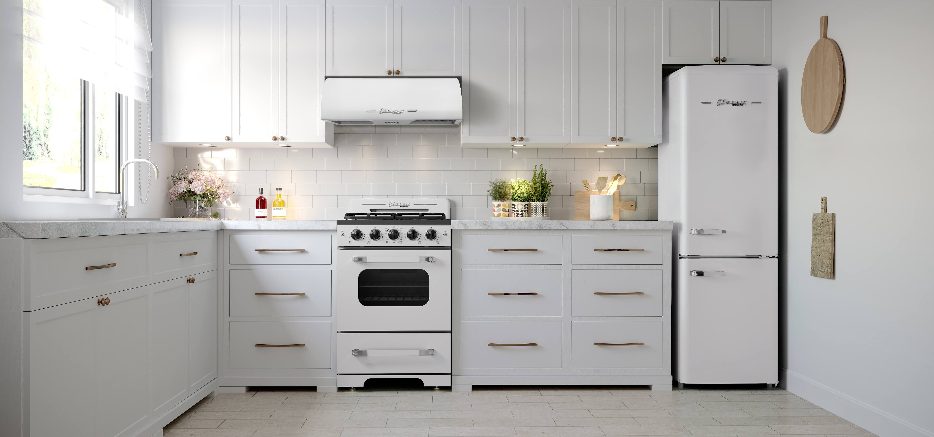 The text on the image is "A0 Cla S Cla." However, it is not clear what this text represents or its relevance to the image. The image features a kitchen with white appliances, including a refrigerator, oven, and stove. The kitchen is clean and well-organized, with a potted plant and a bottle on the countertop.