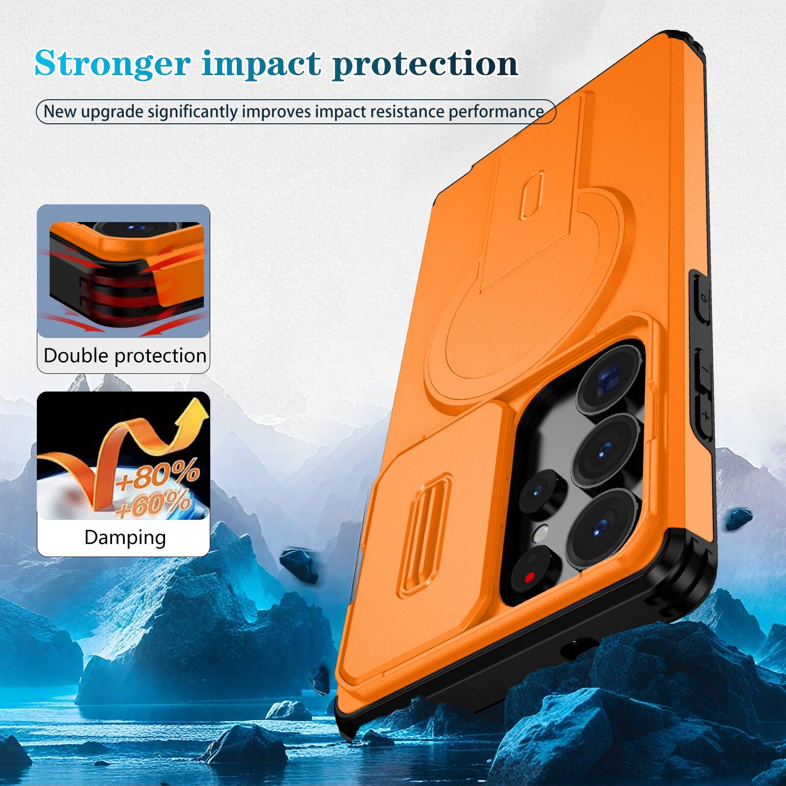 Stronger impact protection  
New upgrade significantly improves impact resistance performance  
Double protection  
+80% +60% Damping