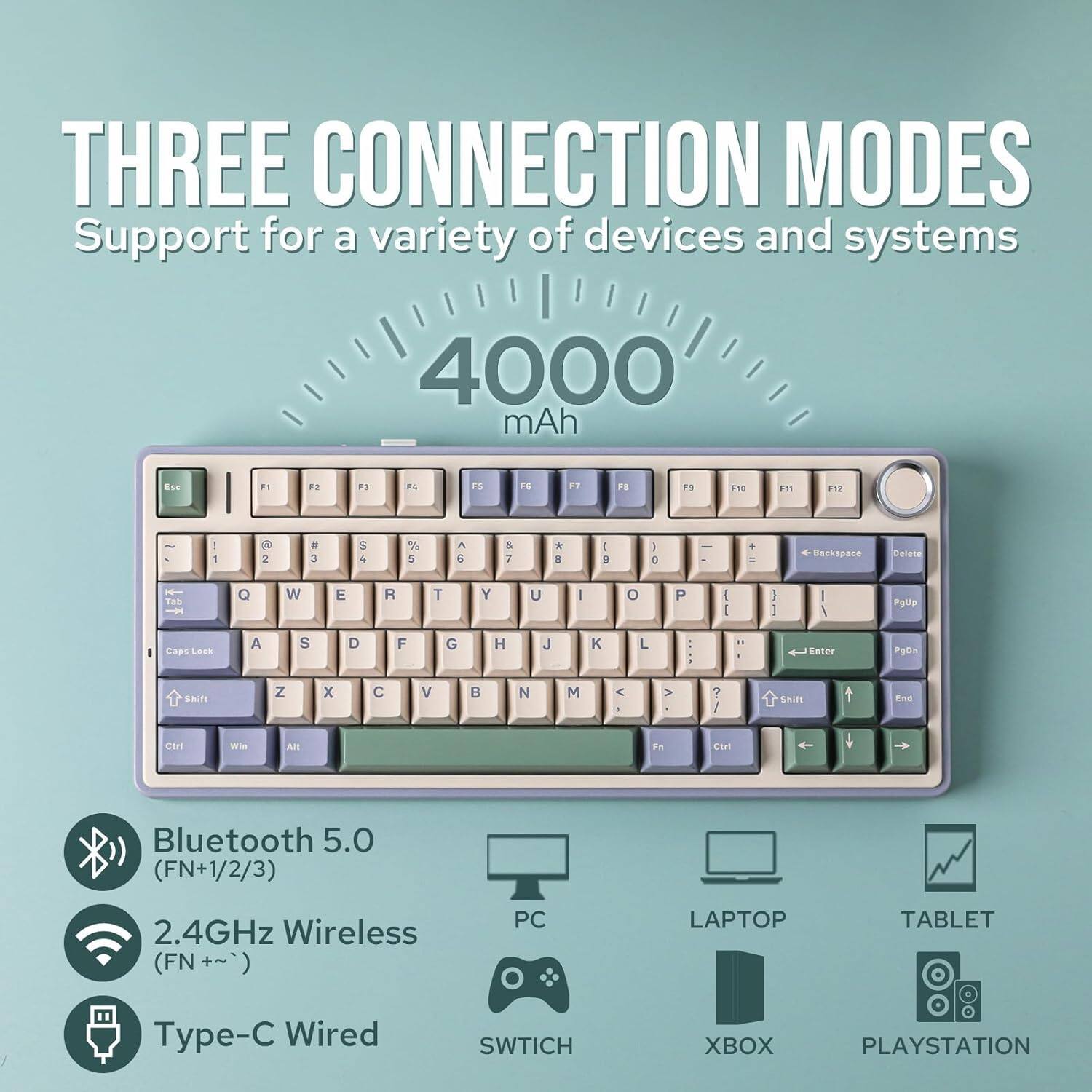 THREE CONNECTION MODES
Support for a variety of devices and systems
4000 mAh
1. Bluetooth 5.0 (FN+1/2/3)
2. 2.4GHz Wireless (FN+~)
3. Type-C Wired
PC, LAPTOP, TABLET, SWITCH, XBOX, PLAYSTATION