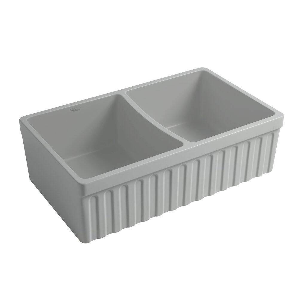 Angle. Whitehaus - Farmhaus Quatro Alcove Reversible Matte Double Bowl Fireclay Kitchen Sink - Gray.