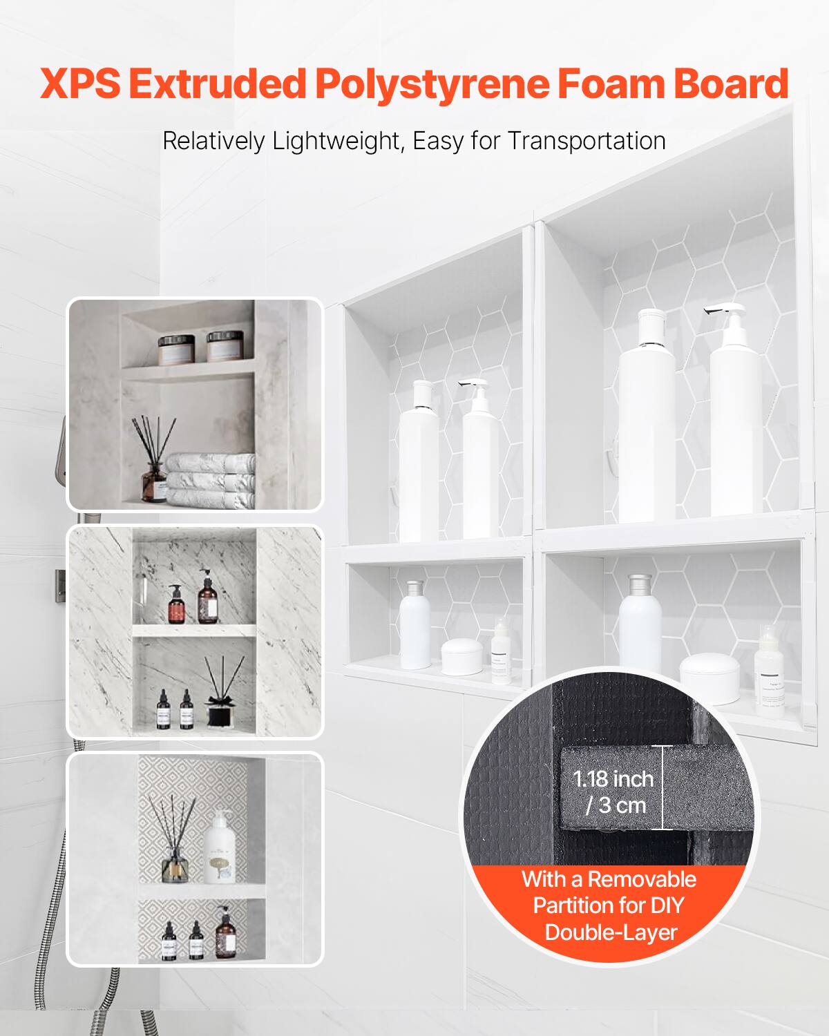 XPS Extruded Polystyrene Foam Board  
Relatively Lightweight, Easy for Transportation  
1.18 inch / 3 cm  
With a Removable Partition for DIY Double-Layer