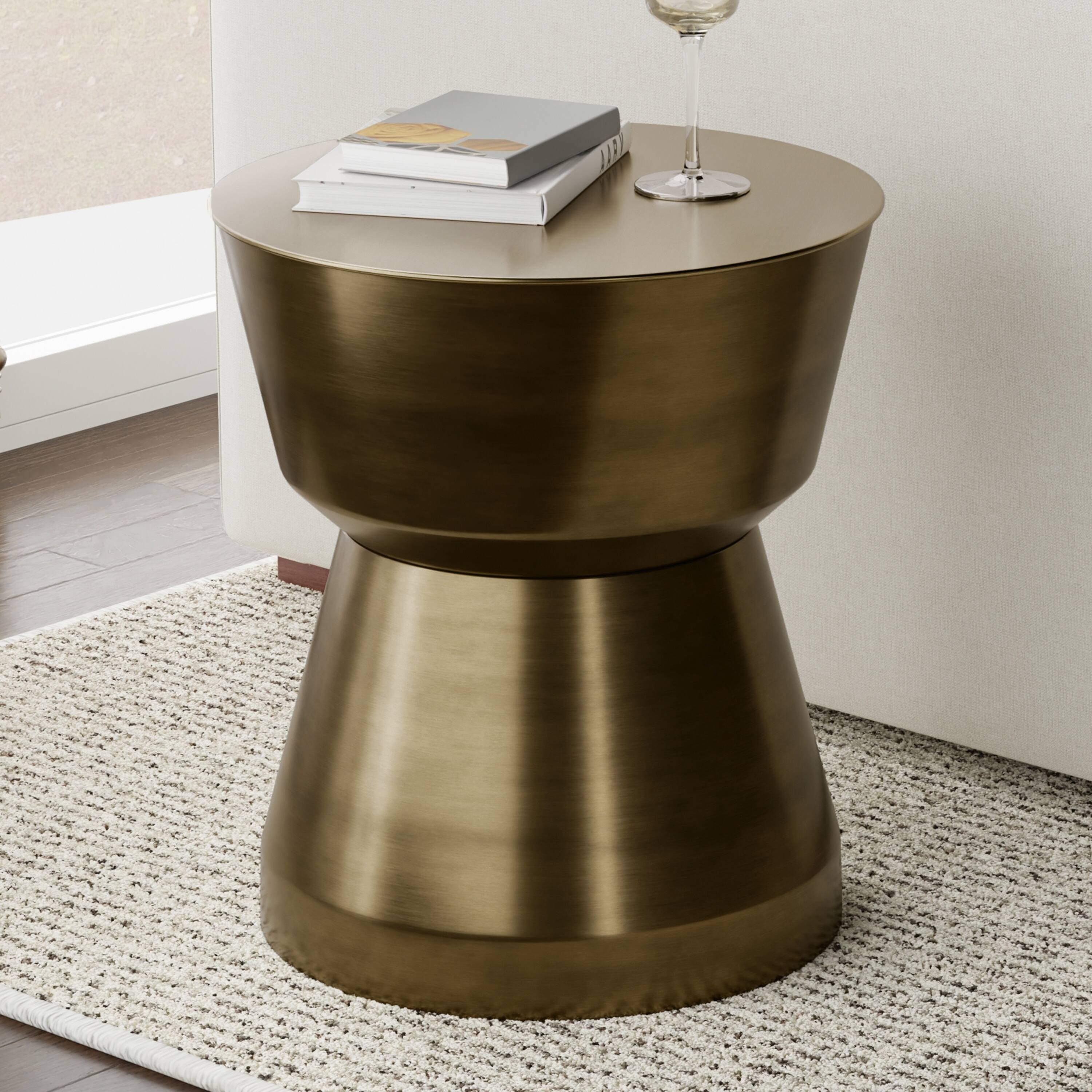 Angle. Simpli Home - Allegra 16 inch Wide Modern Metal Side Table in Antique Brass Iron, Assembled - Antique Brass.