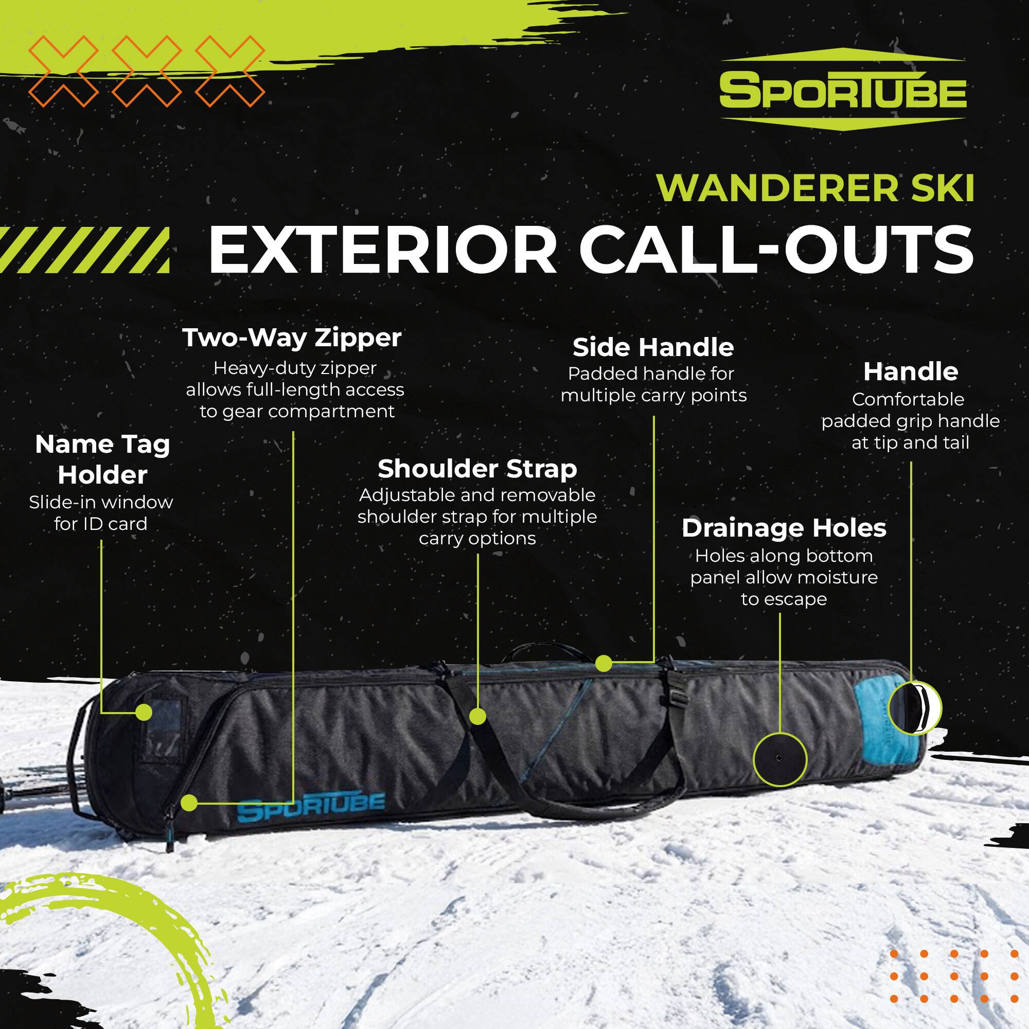 SPORTUBE WANDERER SKI EXTERIOR CALL-OUTS

- Two-Way Zipper: Heavy-duty zipper allows full-length access to gear compartment
- Side Handle: Padded handle for multiple carry points
- Handle: Comfortable padded grip handle at tip and tail
- Name Tag Holder: Slide-in window for ID card
- Shoulder Strap: Adjustable and removable shoulder strap for multiple carry options
- Drainage Holes: Holes along bottom panel allow moisture to escape