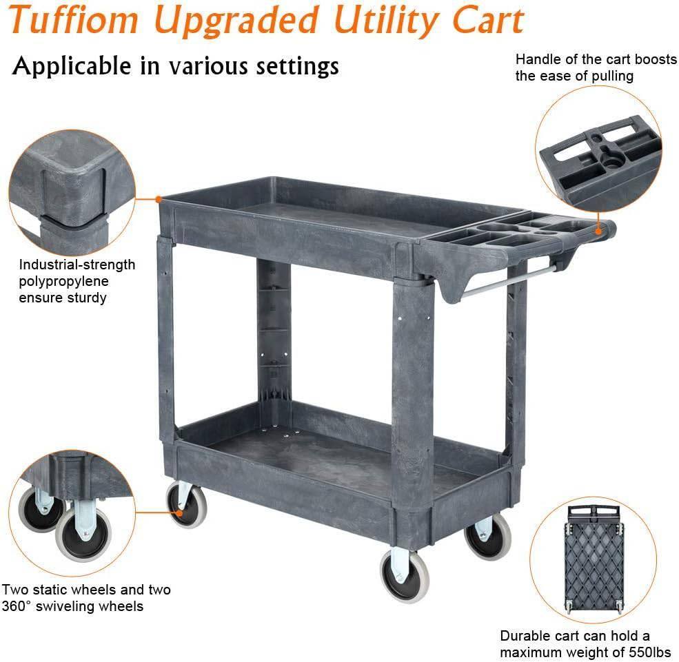 Tuffiom Upgraded Utility Cart

Applicable in various settings

- Handle of the cart boosts the ease of pulling
- Industrial-strength polypropylene ensures sturdy
- Two static wheels and two 360° swiveling wheels
- Durable cart can hold a maximum weight of 550lbs