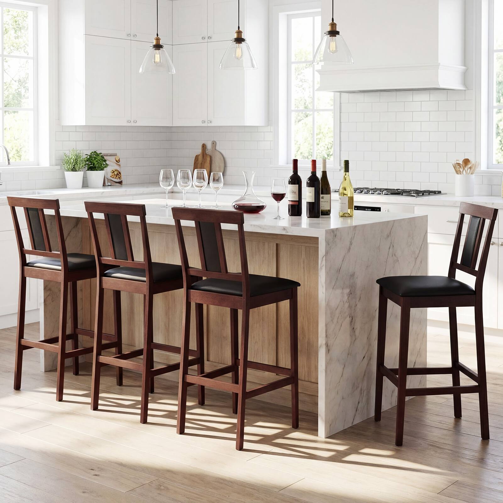 Alt View 4. Costway - Costway Upholstered Barstool Set of 4, Farmhouse 29.5" Bar Height Kitchen Island Stool - Walnut + Black.