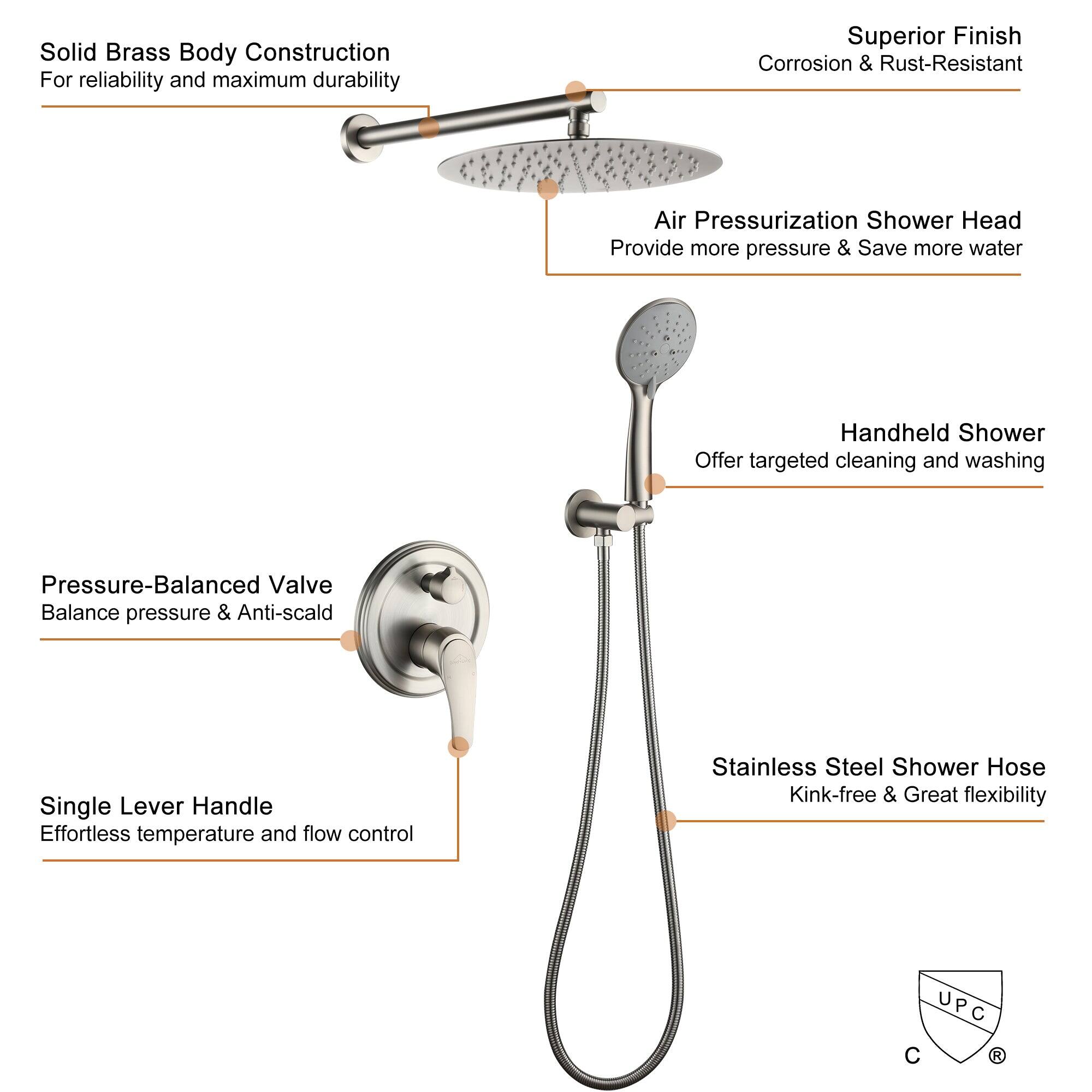Solid Brass Body Construction, Superior Finish, Air Pressurization Shower Head, Handheld Shower, Pressure-Balanced Valve, Single Lever Handle, Stainless Steel Shower Hose, UPC C R