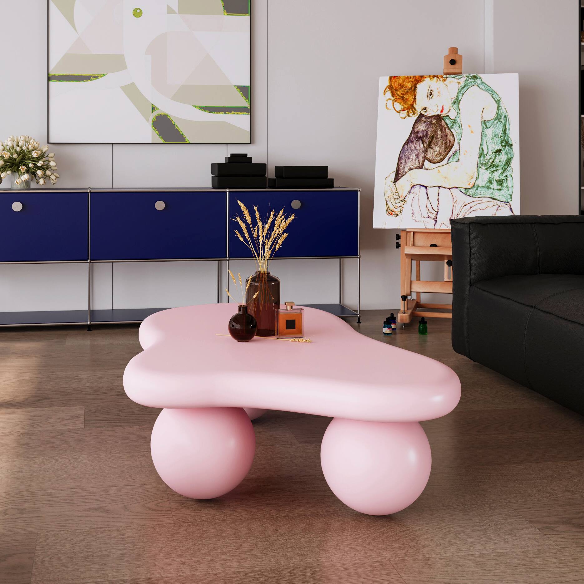 Alt View 1. Loheer - Loheer 47 Inch Cloud Shaped Coffee Table Pink Low Profile Center Table with Ball Legs for Living Room - Pink.