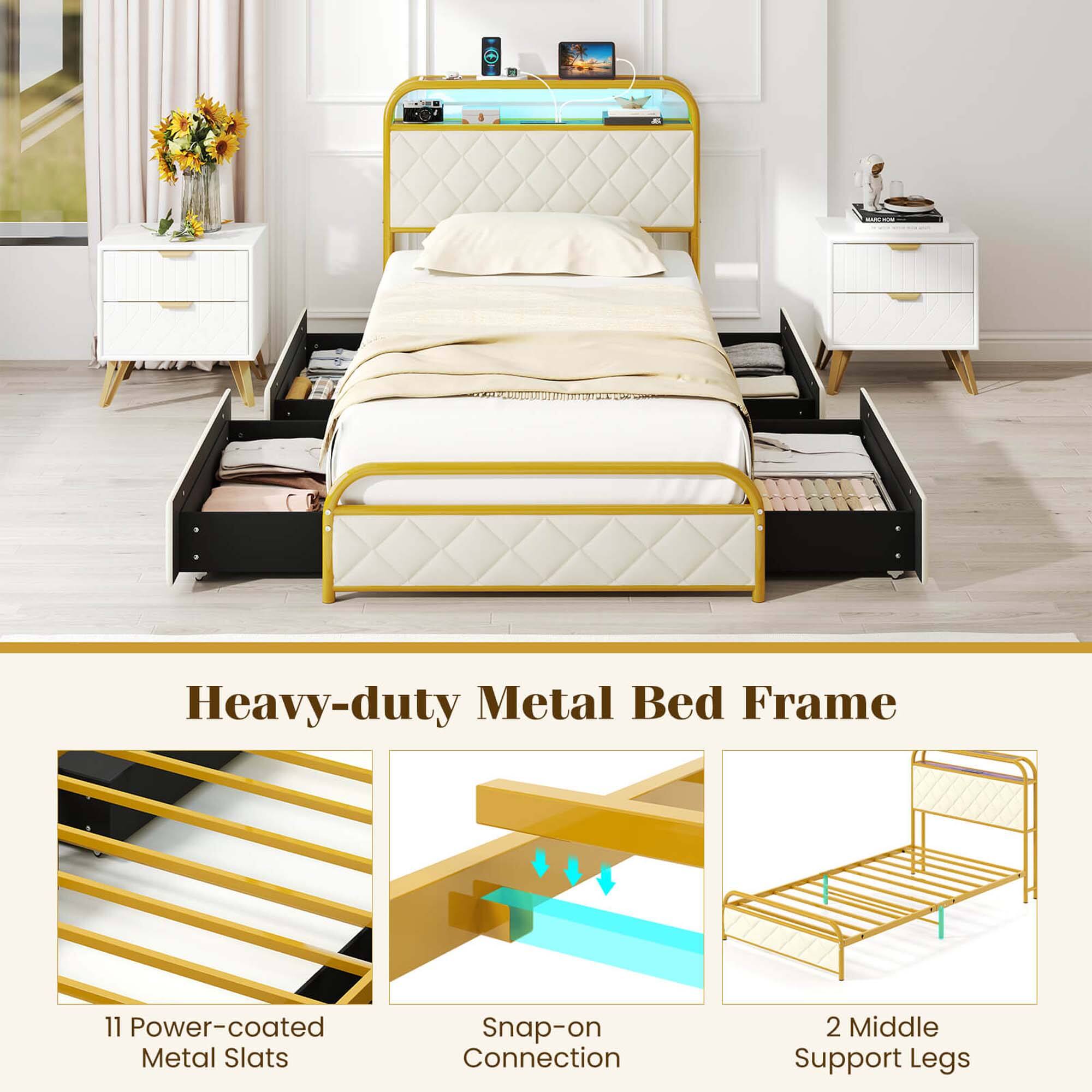 Heavy-duty Metal Bed Frame with 11 Power-coated Metal Slats, Snap-on Connection, and 2 Middle Support Legs.