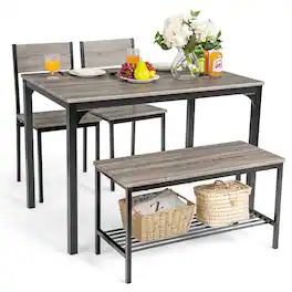 Costway - 4pcs Dining Table Set Rustic Desk 2 Chairs & Bench w/ Storage Rack Grey - Gray