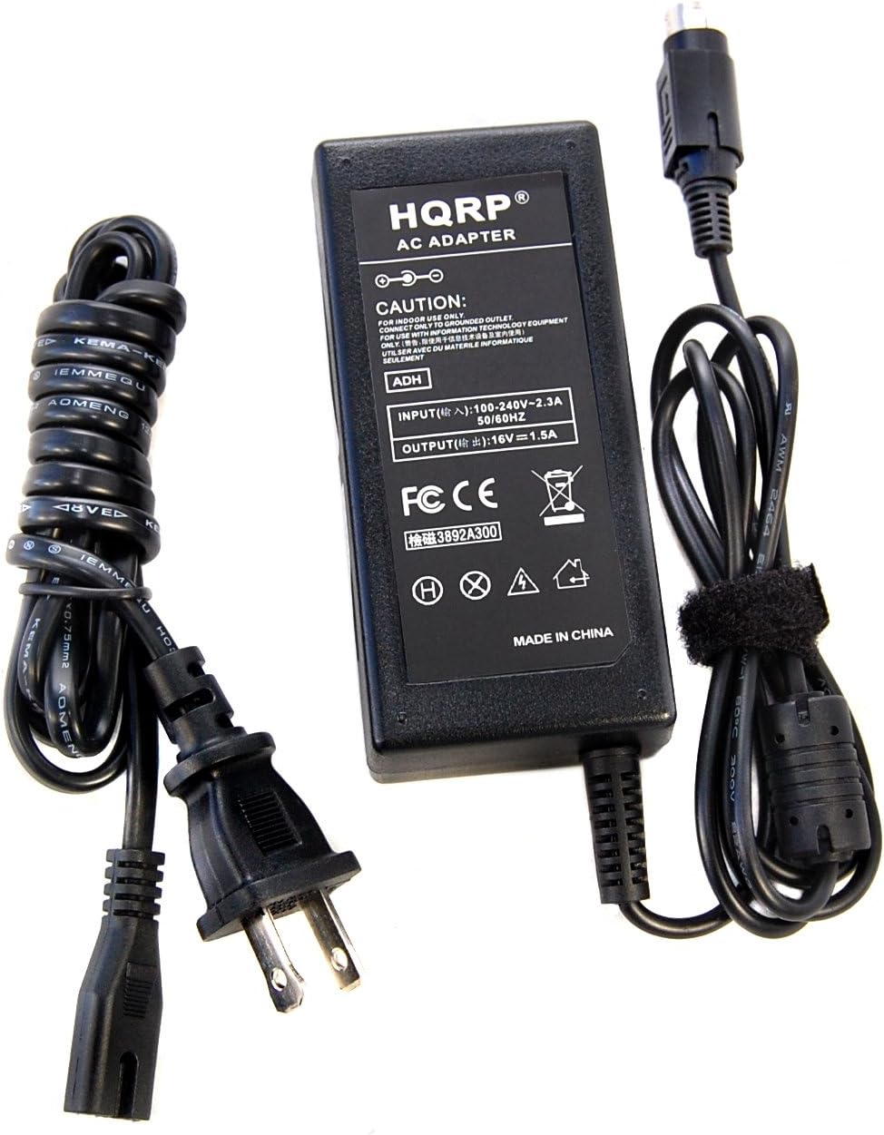 HQRP AC ADAPTER  
KEMA-KE IEMMEGU AOMENG A8VED KE IEMMI  
KEMA x0.75mm2  
AOMEN  
CAUTION: ONLY INDOOR USE OUTLET EQUIPMENT FOR ONLY TO GROUNDED TECHNOLOGY D CONNECT INFORMATION  
FOR USE -TH ONLY  
INFORMATI AVEC DU MATERIEL UTILISER SEULEMENT ADH INPUT: 100-240V-2.3A 50/60HZ  
OUTPUT: 16V=1.5A  
FC CE 3892A300  
MADE IN CHINA  
AWM 2464