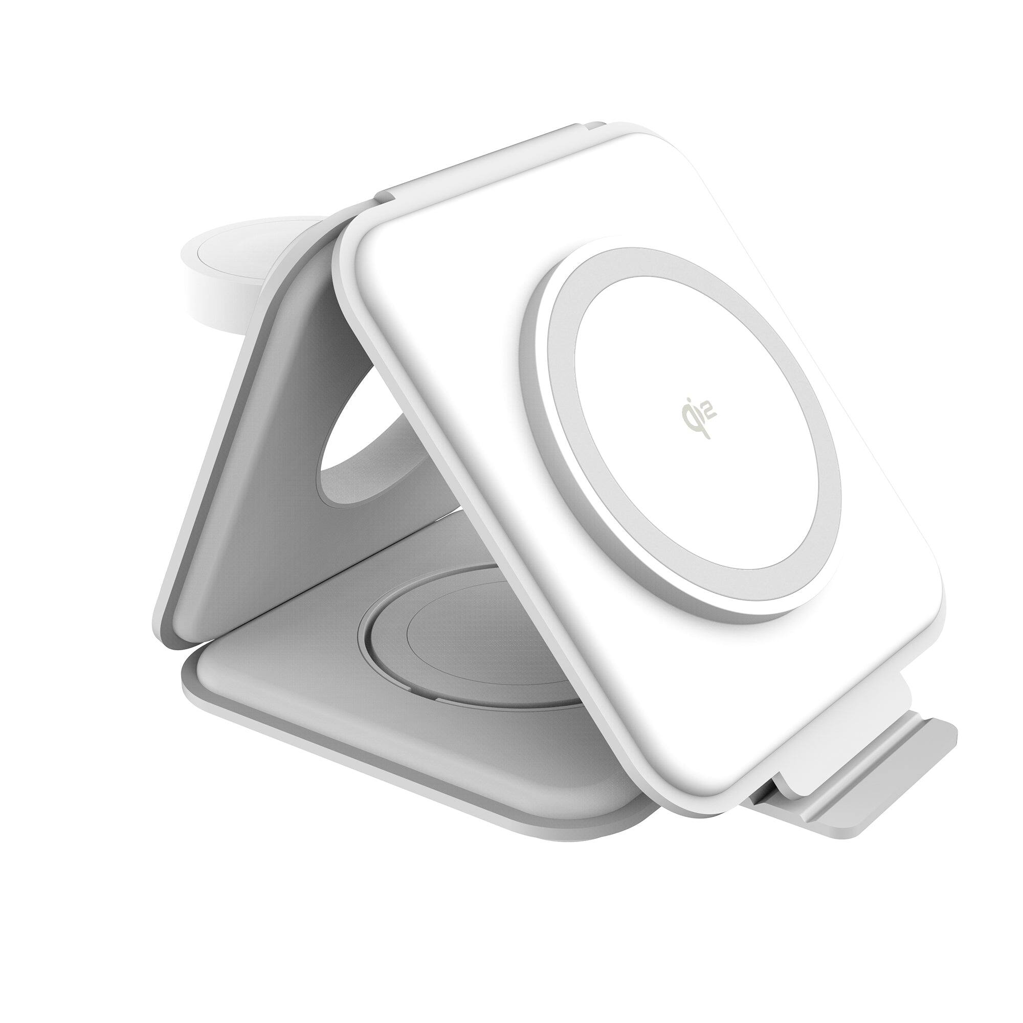 Left. j5create - Qi2 3-in-1 Magnetic Travel Wireless Charging Station - White.
