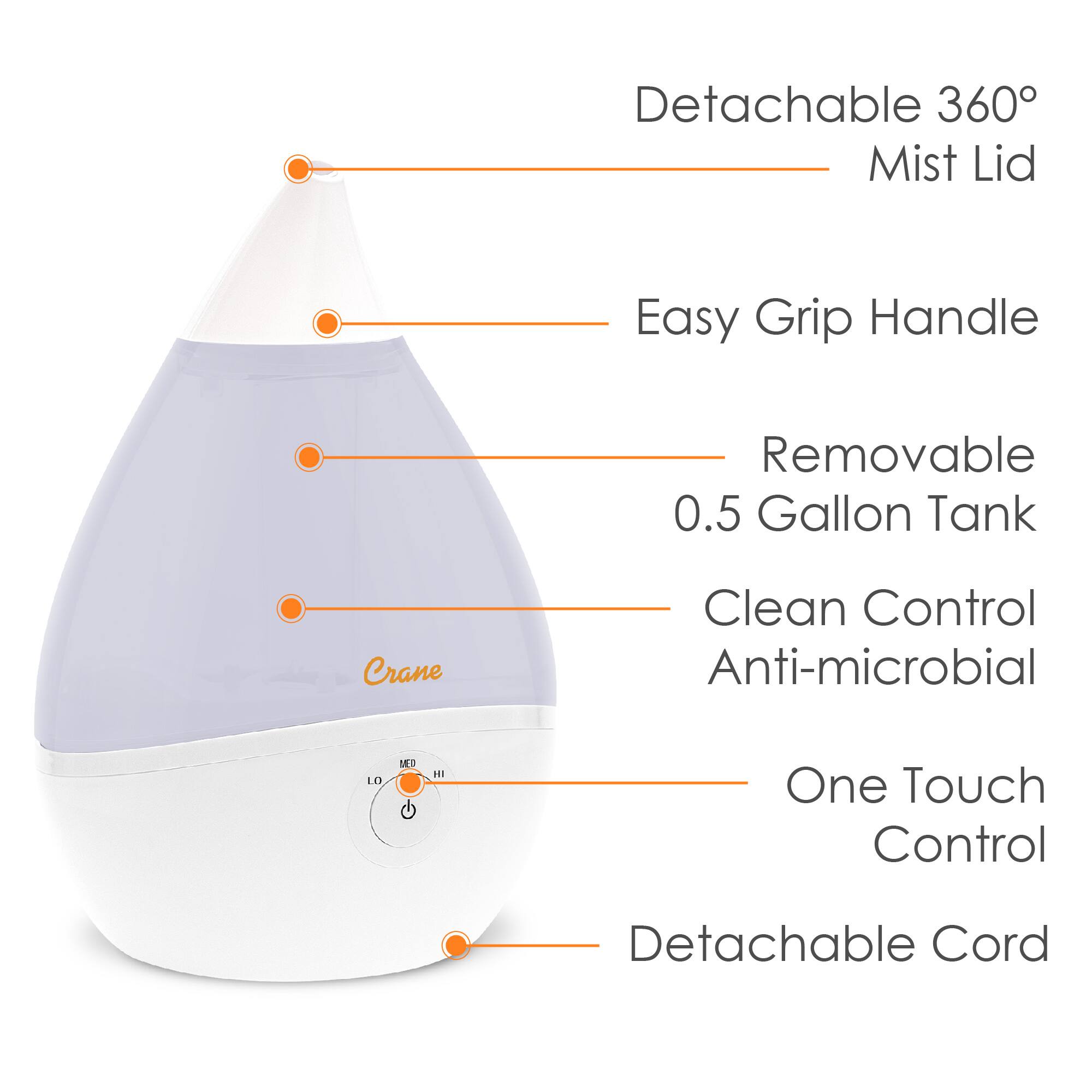 - Detachable 360° Mist Lid
- Easy Grip Handle
- Removable 0.5 Gallon Tank
- Clean Control Anti-microbial
- One Touch Control
- Detachable Cord