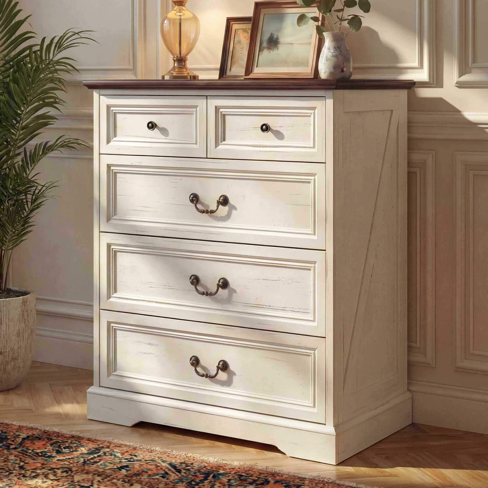 Angle. FUFU & GAGA - Vintage 5-Drawer Dresser Chest - Distressed Finish Bedroom Storage Organizer with Bronze Hardware for Clothes, Linens - Distressed white.