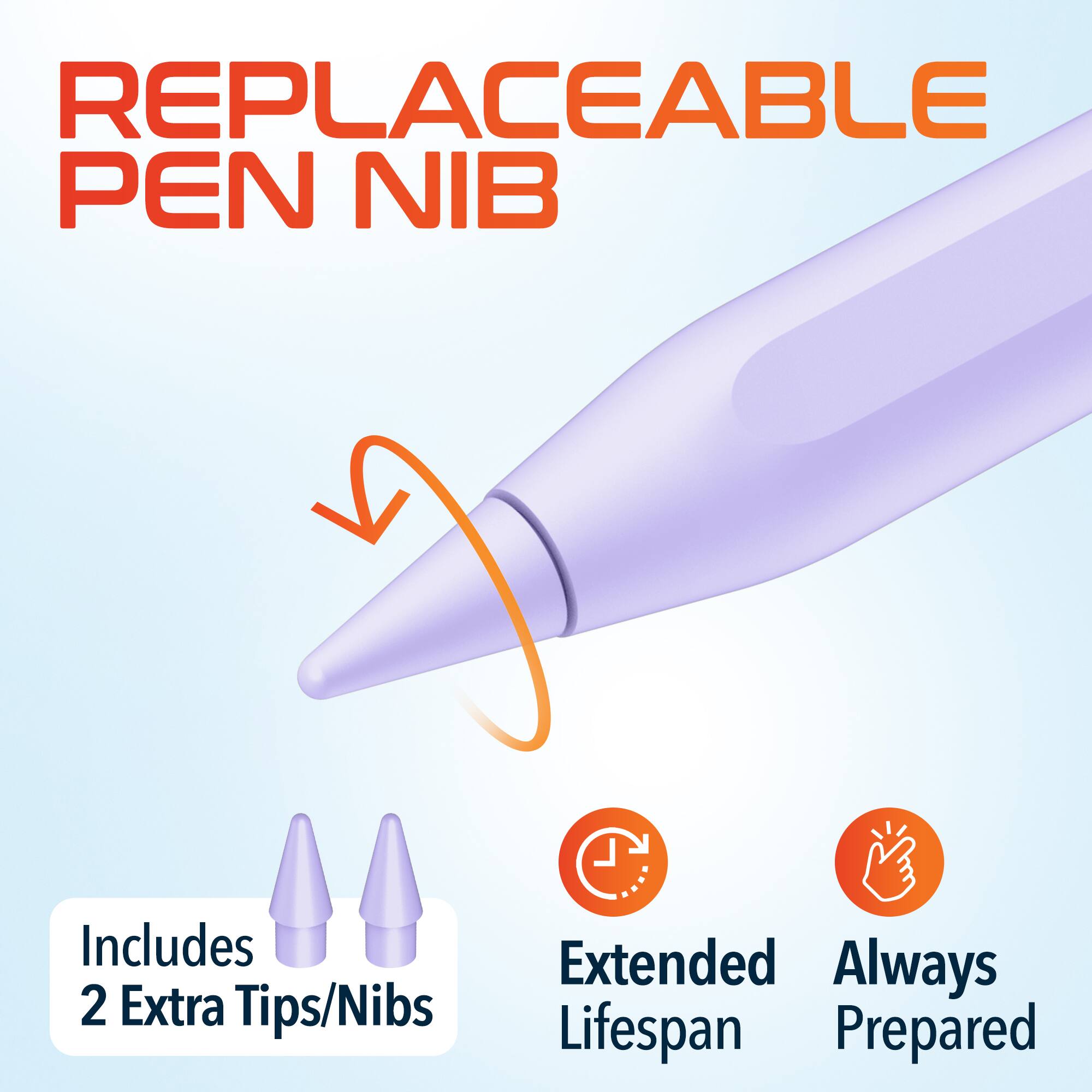 REPLACEABLE PEN NIB

Includes 2 Extra Tips/Nibs

Extended Lifespan

Always Prepared