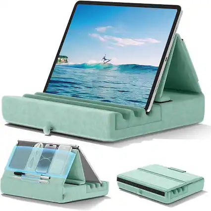 Front. FINEAK - Foldable Tablet Pillow Stand-Lap, Bed & Desk Comfort with Pockets - Green.