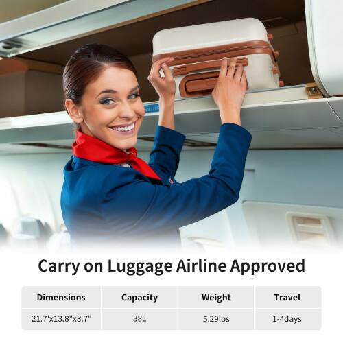 Carry on Luggage Airline Approved

Dimensions: 21.7" x 13.8" x 8.7"
Capacity: 38L
Weight: 5.29lbs
Travel: 1-4 days