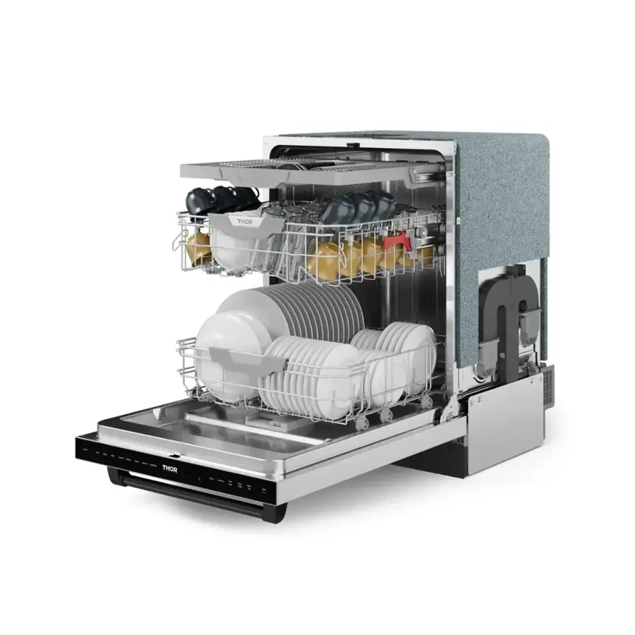 Thor is a company that manufactures and sells a variety of kitchen appliances, including dishwashers. The image shows a Thor dishwasher with a silver and grey exterior, and it is open, revealing the interior with a rack of dishes. The dishwasher is designed to hold and wash multiple dishes, including cups, bowls, and bottles.