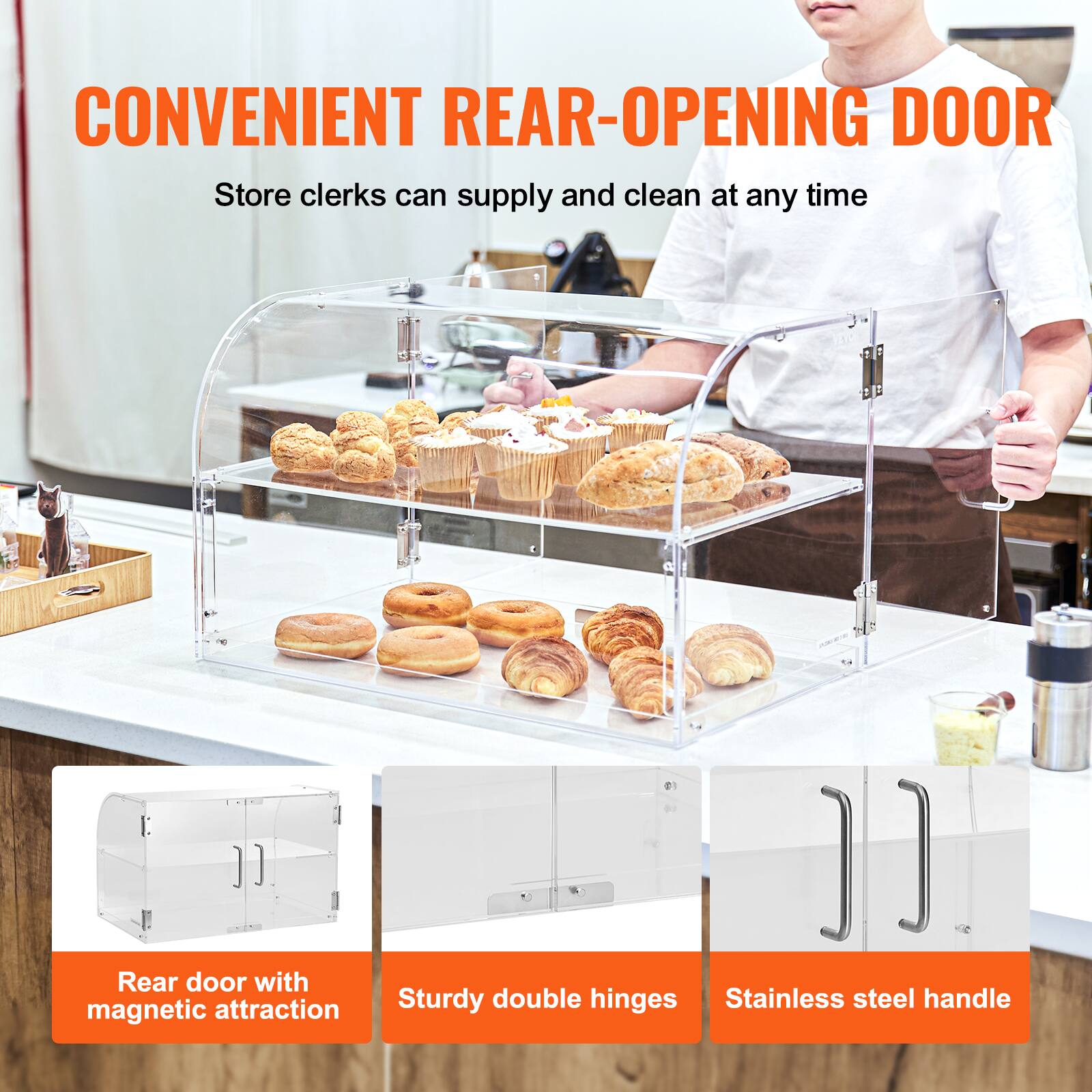 CONVENIENT REAR-OPENING DOOR  
Store clerks can supply and clean at any time  

- Rear door with magnetic attraction  
- Sturdy double hinges  
- Stainless steel handle