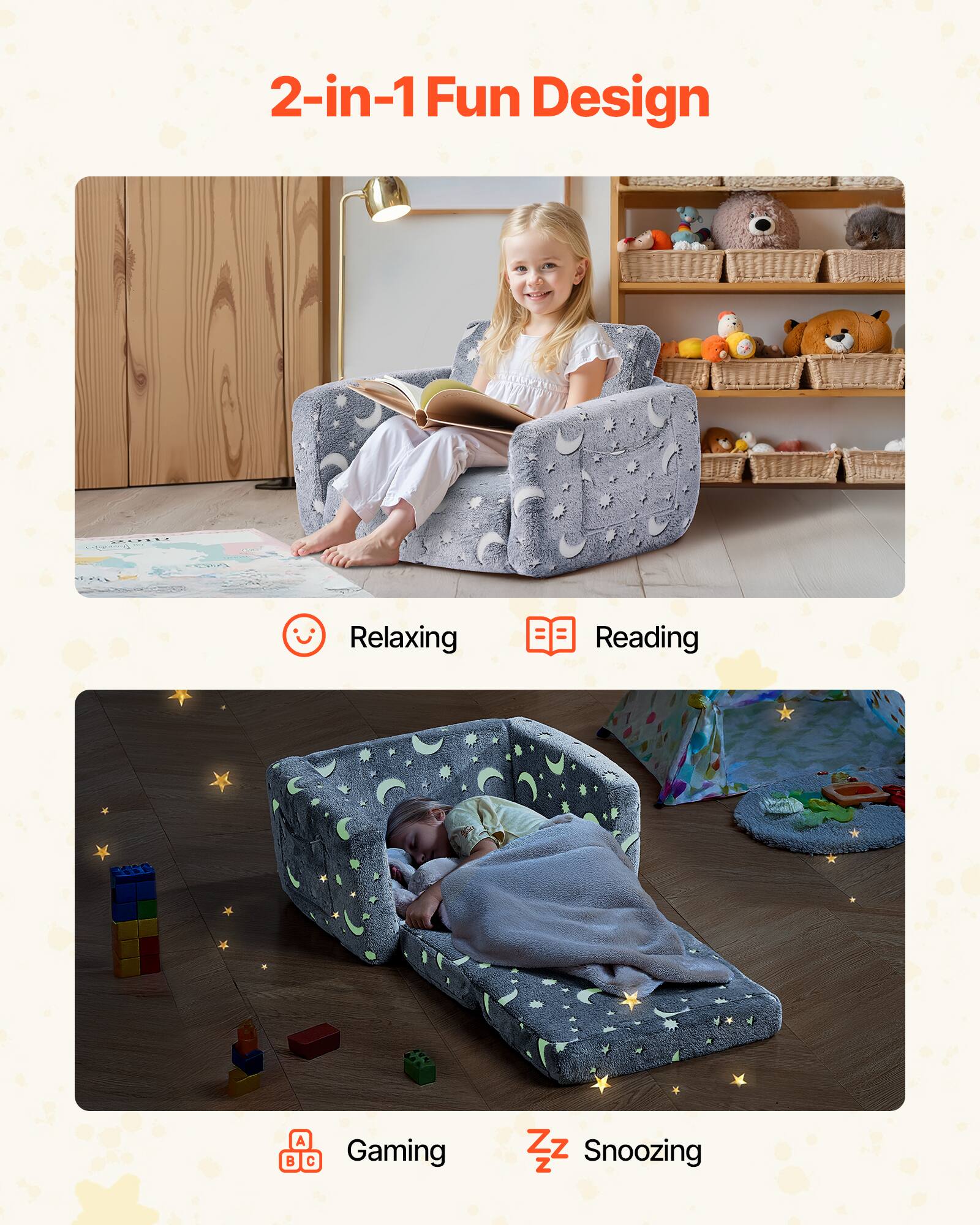 2-in-1 Fun Design

- Relaxing
- Reading
- Gaming
- Snoozing