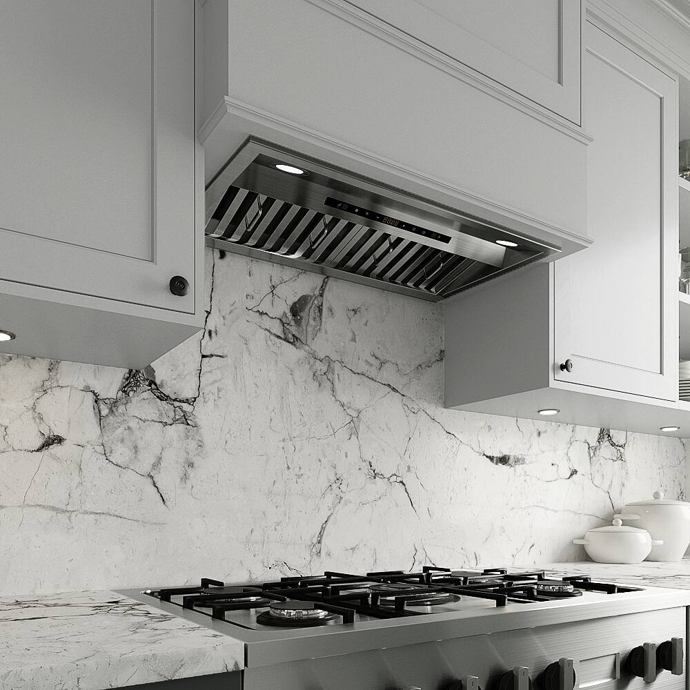 Back. Streamline - 28 in. Lamon Ducted Insert 350 CFM Range Hood, Baffle Filters, Touchpad Control, LED Lights - Brushed Stainless Steel.