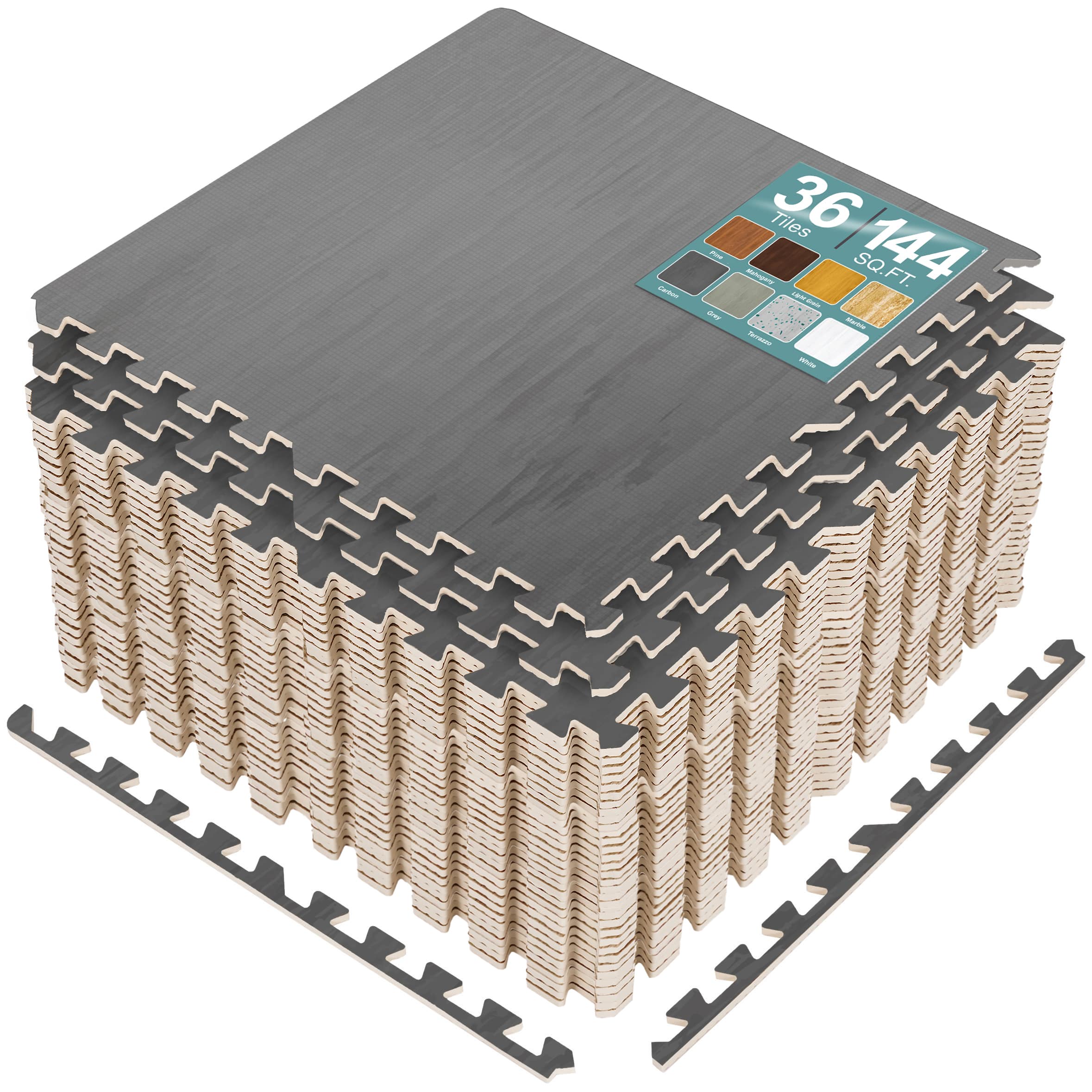 Sorbus - 144 Sq. Ft. Wood Grain Floor Tiles Foam Mat EVA Interlocking Mats Tile 3/8-Inch Thick Flooring Mats w/Borders - Light Carbon