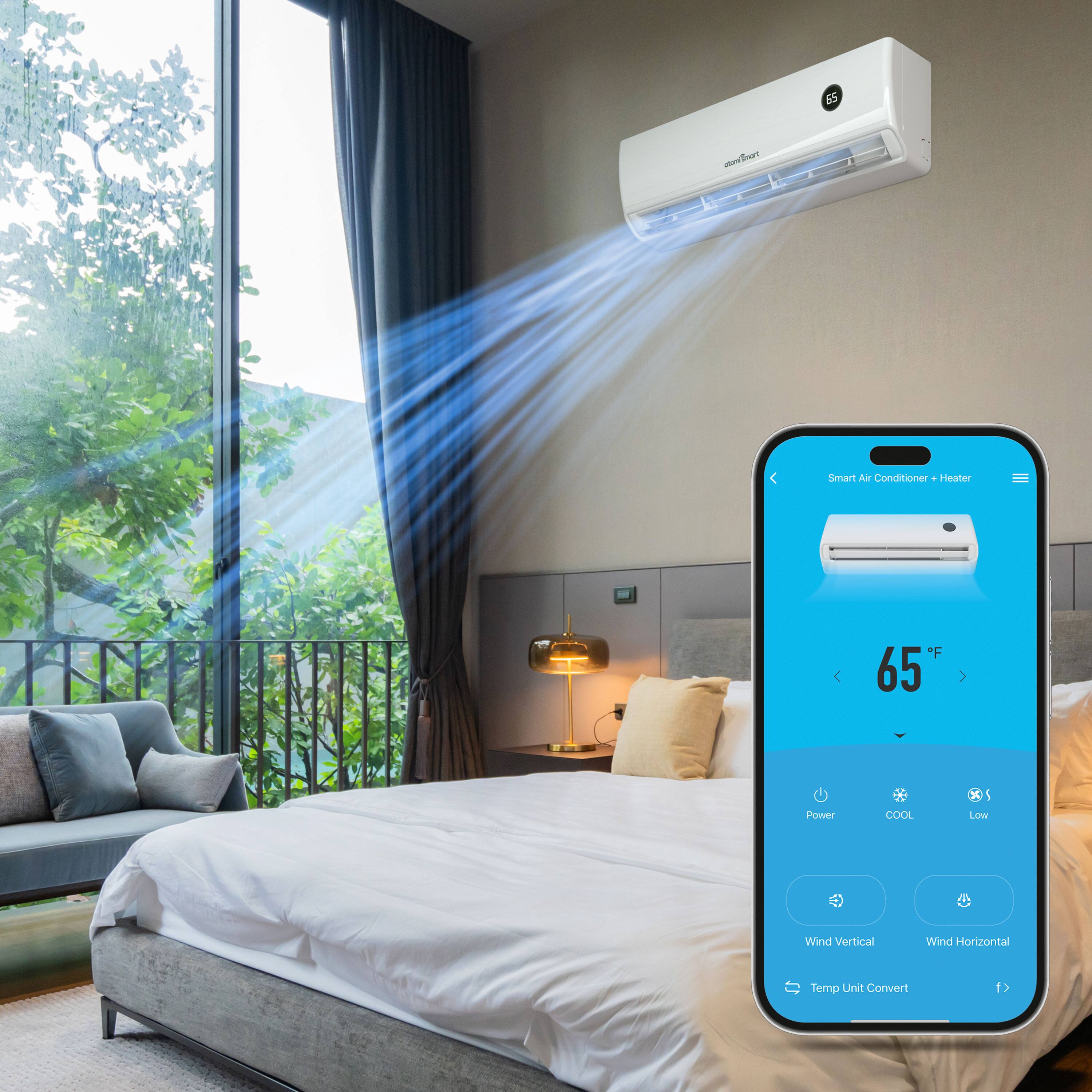 55 mat - Smart Air Conditioner + Heater  
65°F  
Power  
COOL  
Low  
Wind Vertical  
Wind Horizontal  
Temp Unit Convert