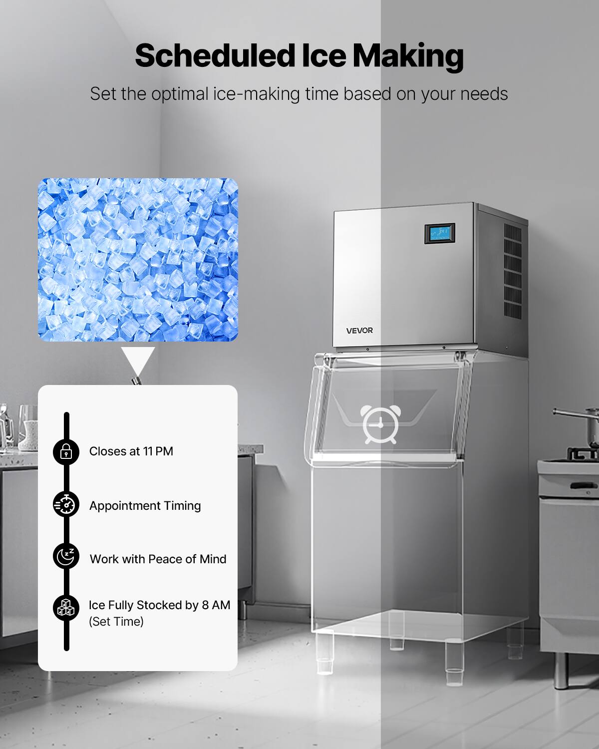 Scheduled Ice Making  
Set the optimal ice-making time based on your needs

- Closes at 11 PM
- Appointment Timing
- Work with Peace of Mind
- Ice Fully Stocked by 8 AM (Set Time)