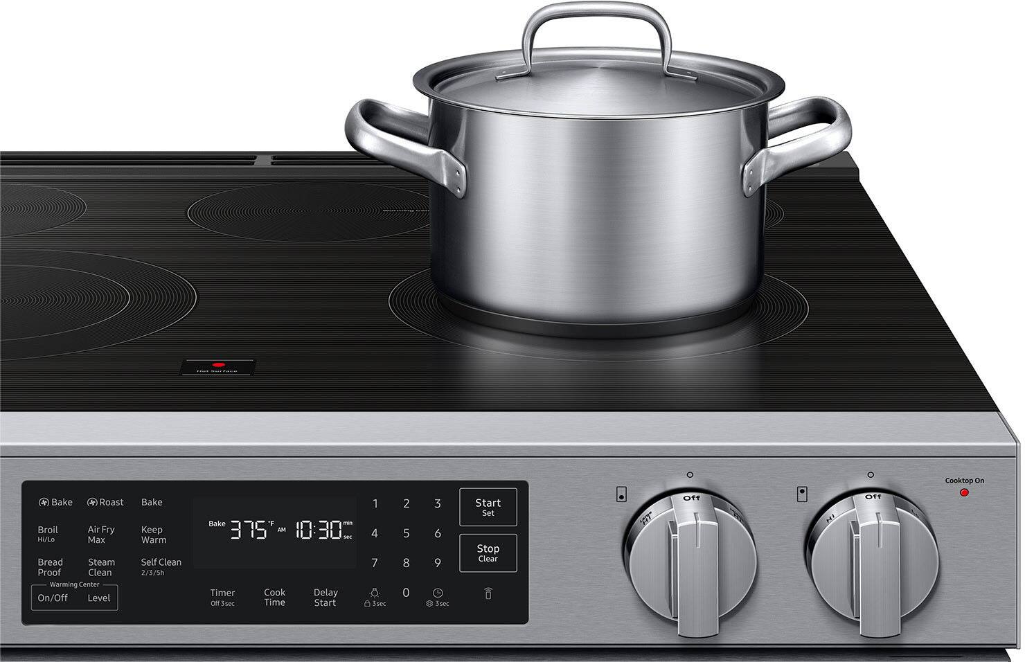 Cooktop On  
Bake Roast Broil Air Fry Hi/Lo Max Bread Steam Proof Clean Warming Center On/Off Level Bake Keep Warm Self Clean 2/3/5h Bake min 375 AM 10:30 see Timer Cook Delay OHf 3sec Time Start 1 4 7 3sec 2 5 8 0 3 6 9 Ssec Start Set Stop Clear AT off HI off