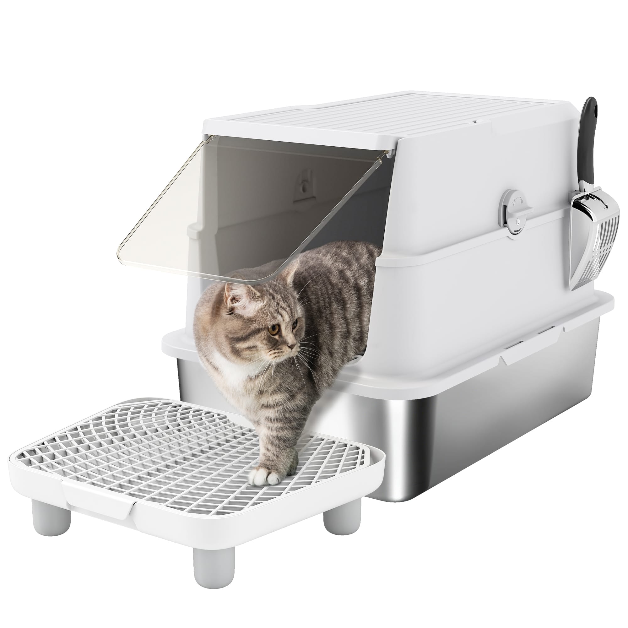 Pawhut - Stainless Steel Cat Litter Box with Lid, XL Enclosed Metal Litter Box for Big Cats, Flip Cover, High-Sided, Scoop - Light Gray