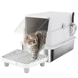Pawhut - Stainless Steel Cat Litter Box with Lid, XL Enclosed Metal Litter Box for Big Cats, Flip Cover, High-Sided, Scoop - Light Gray
