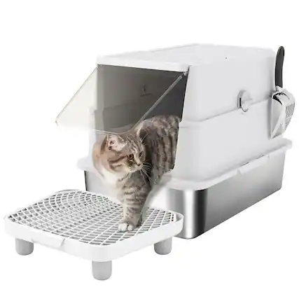 Front. Pawhut - Stainless Steel Cat Litter Box with Lid, XL Enclosed Metal Litter Box for Big Cats, Flip Cover, High-Sided, Scoop - Light Gray.