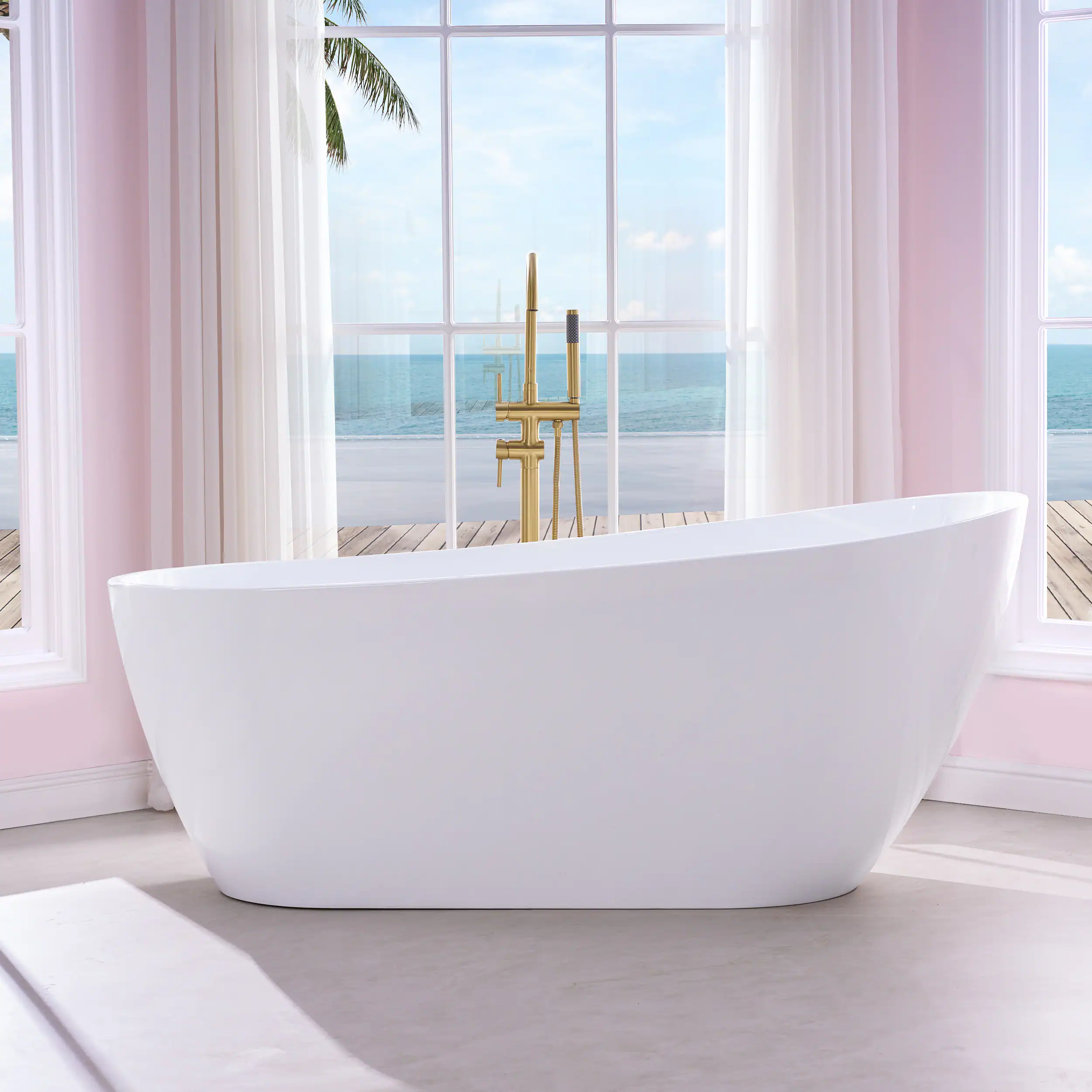Front. WELLFOR - Comfy 67 in. x 31.5 in. Pure Acrylic Flatbottom Oval Freestanding Soaking Bathtub with Drain and Overflow Included - White.