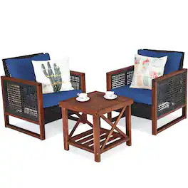 Costway - 3PCS Patio Wicker Furniture Set Solid Wood Frame Cushion Sofa w/ Square Table Shelf - Navy