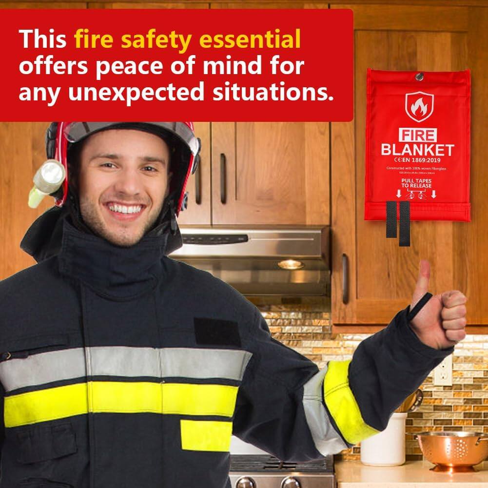 This fire safety essential offers peace of mind for any unexpected situations.

FIRE BLANKET  
CE EN 1869:2019  
Conformité Européenne  
PULL TAPES TO RELEASE