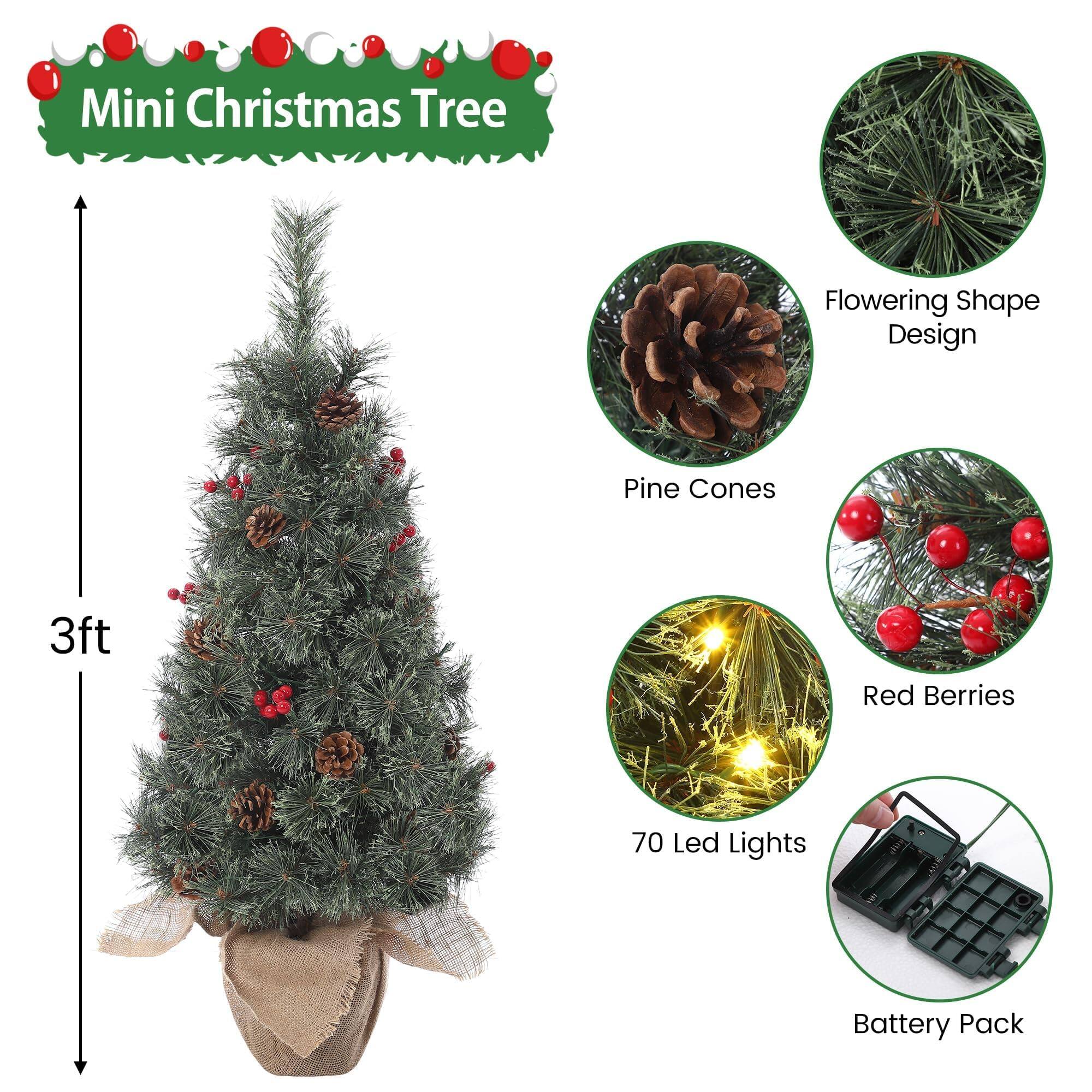 Mini Christmas Tree  
3ft  
Flowering Shape Design  
Pine Cones  
Red Berries  
70 Led Lights  
Battery Pack