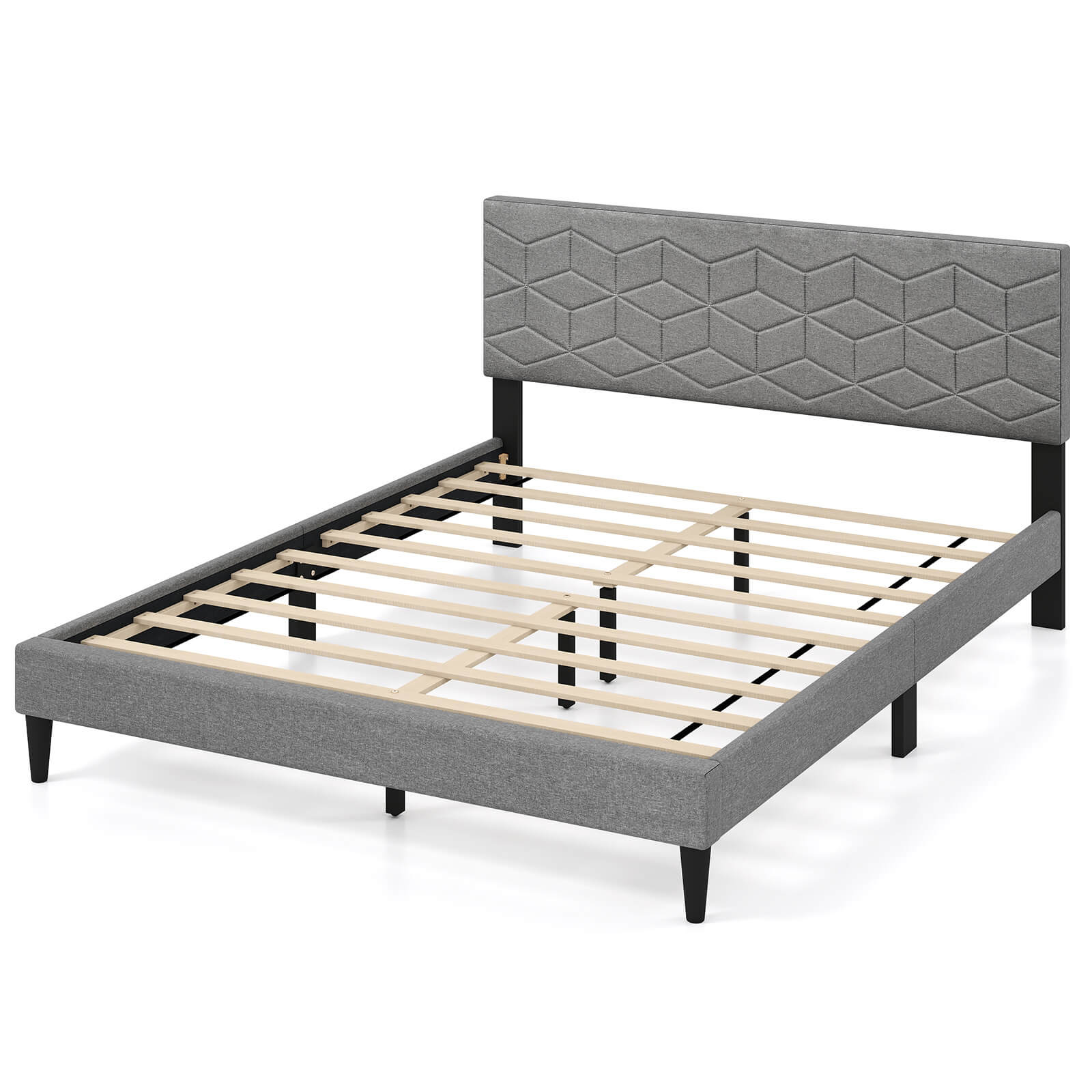 Front. Costway - Costway Queen Size Bed Frame with Linen Fabric Upholstered Headboard & Wooden Slat Support - Gray.