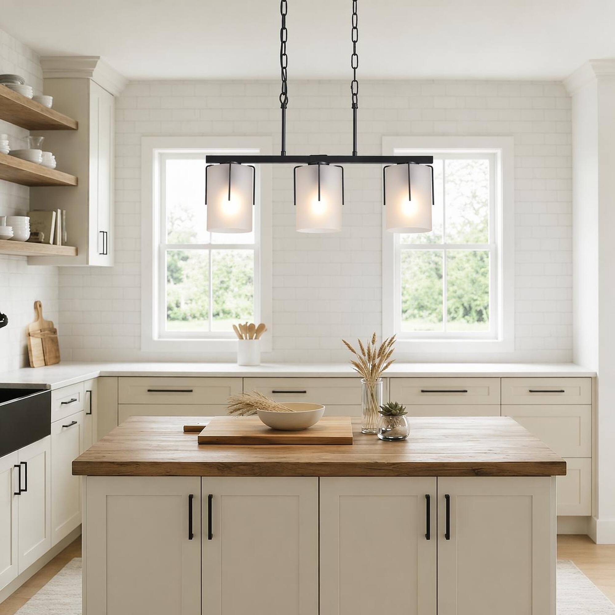 Angle. RYHNUYNE - Modern 3‑Light Linear Chandelier, Kitchen Island Light Fixture for Kitchen Island, Dining Table - Black.