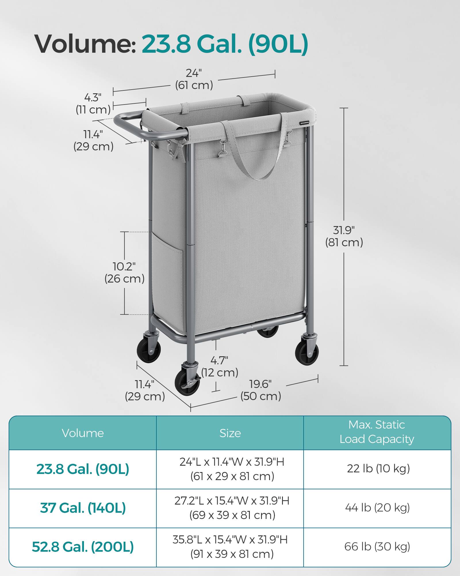 Volume: 23.8 Gal. (90L)

24" (61 cm)  
4.3" (11 cm)  
11.4" (29 cm)  
10.2" (26 cm)  
4.7" (12 cm)  
19.6" (50 cm)  
31.9" (81 cm)  

Volume | Size | Max. Static Load Capacity  
--- | --- | ---  
23.8 Gal. (90L) | 24"L x 11.4"W x 31.9"H (61 x 29 x 81 cm) | 22 lb (10 kg)  
37 Gal. (140L) | 27.2"L x 15.4"W x 31.9"H (69 x 39 x 81 cm) | 44 lb (20 kg)  
52.8 Gal. (200L) | 35.8"L x 15.4"W x 31.9"H (91 x 39 x 81