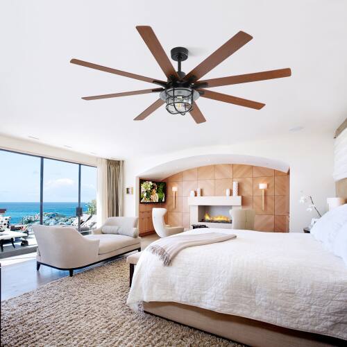 Back. LUCKY ONE - 66" Ceiling Fan with Light Remote 8 Blades 6-Speed DC Motor - Black.