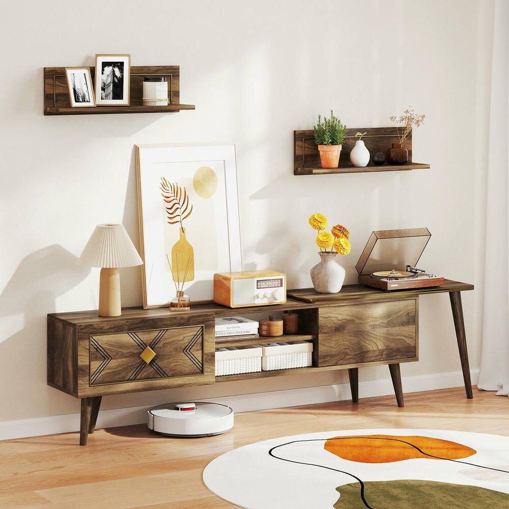 Angle. Kadyn - Mid-Century Modern Media Console for TVs Up to 85 Inches with Open Shelves, Walnut - Brown.