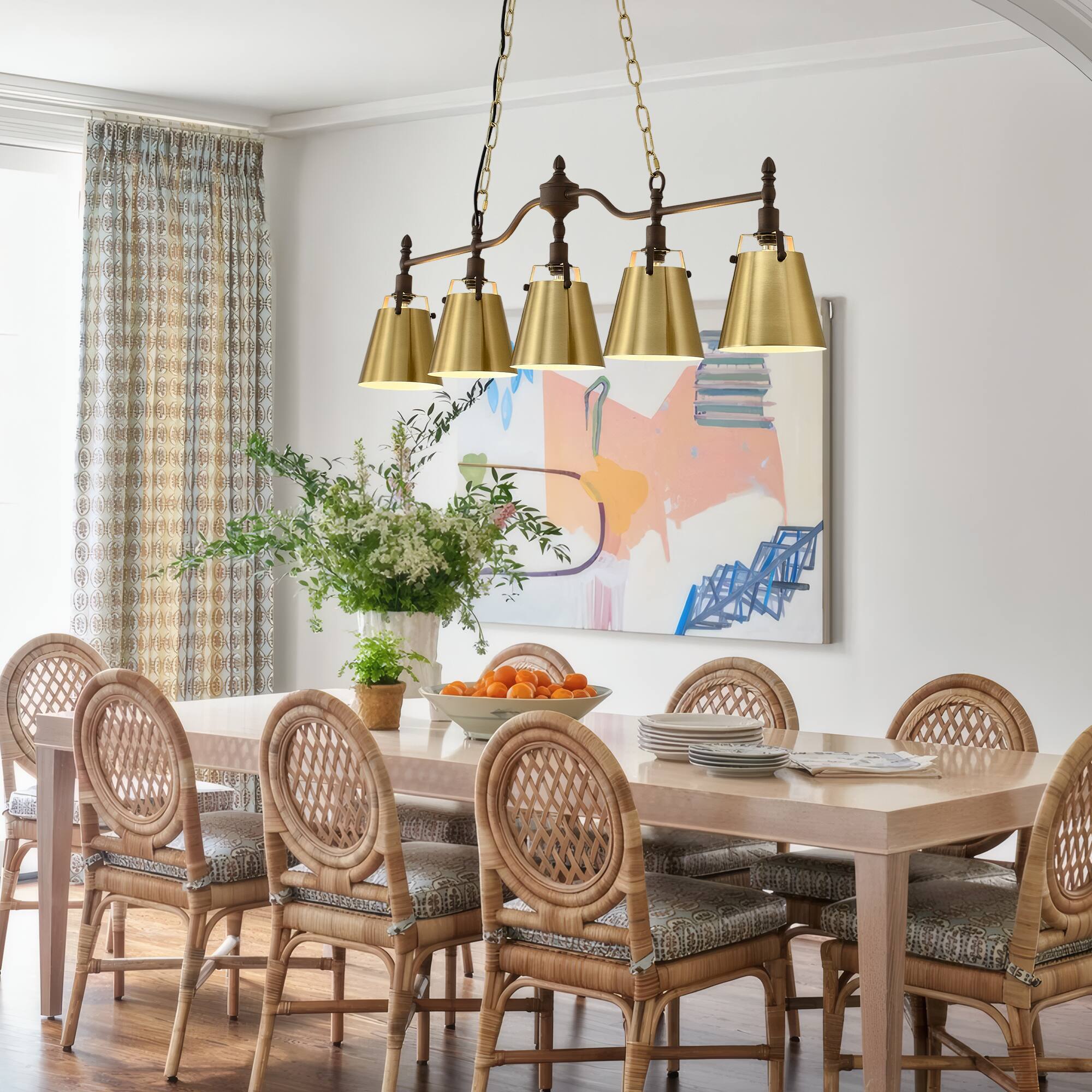 Angle. RYHNUYNE - 5-Light Linear Chandelier 47 Inch Large Kitchen Island Pendant Light with Flared Shades Dimmable Farmhouse Lighting - Gold.