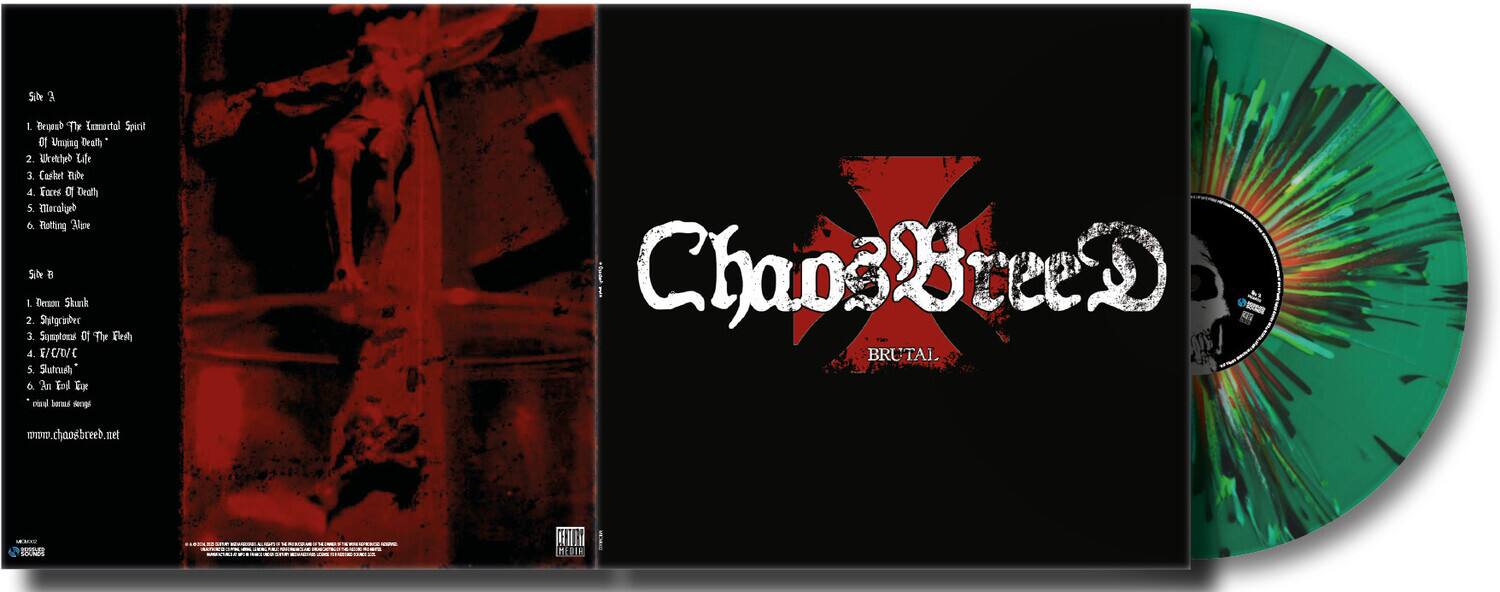 Sure, here is the corrected and grouped text from the image:

**Side A**
1. "Beowulf: The Eternal Spirit Of Unyielding Death"
2. "Wretched Life"
3. "Castle Fume"
4. "Faces Of Death"
5. "Mortal"
6. "Rotting Alure"

**Side B**
1. "Demon Shank"
2. "Shrugged"
3. "Peculiar Of The Key"
4. "E/CWC"
5. "Sutrush"
6. "End Of Evil"

**Additional Text**
- "ChaosBreed - BRUTAL"
- "www.chaosbreed.net"
- "HI MEDIA"
- "BRUTAL"
- "www.chaosbreed.net"