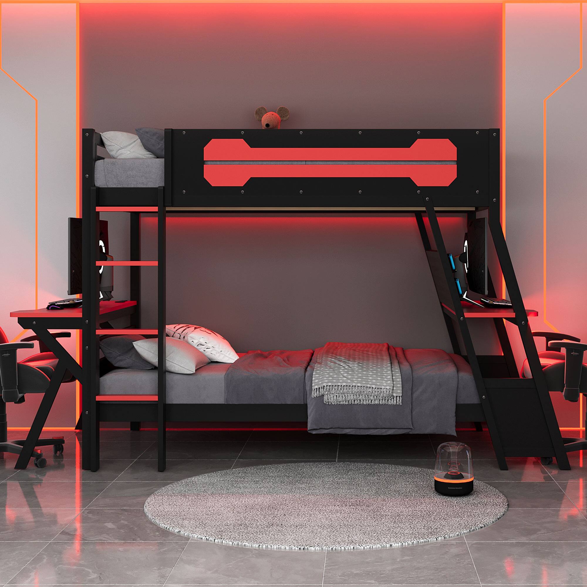 Angle. Anysun - Twin Size Bunk Bed with Two Built-In Gaming Desks, USB Desktop Ports & Pegboard Organizer, Gaming Bunk Frame for Gamer - Red.