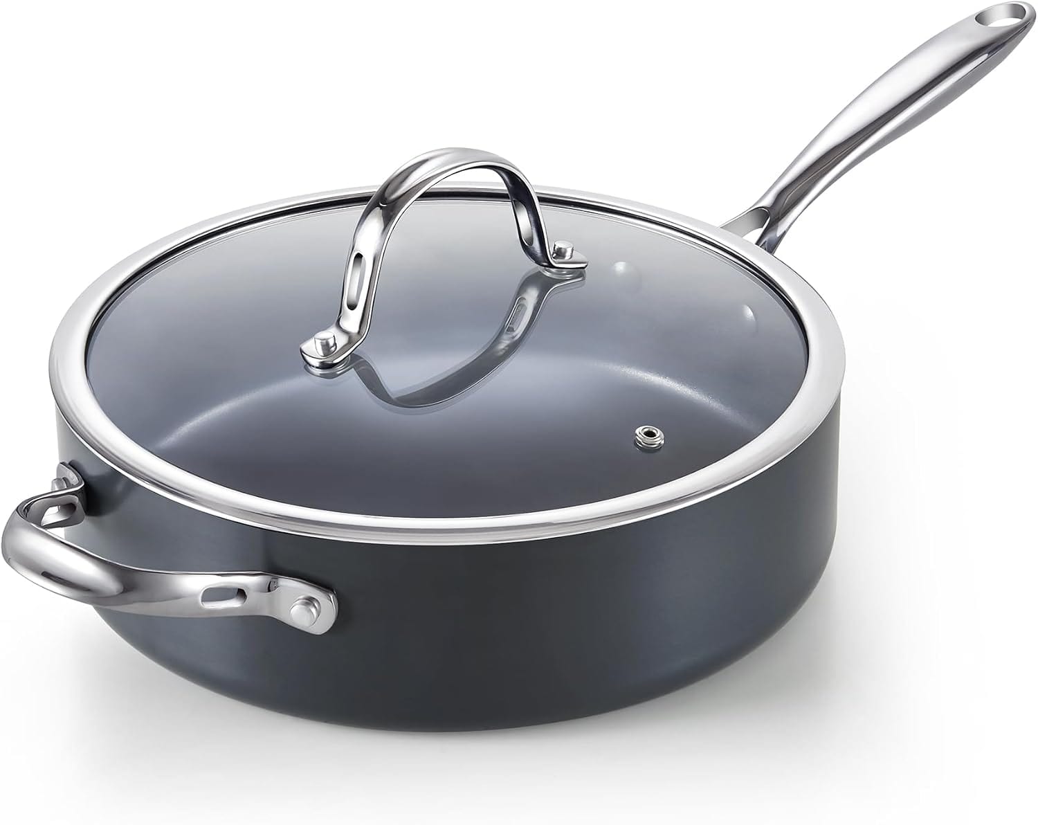 Cooks Standard - 4-QT Nonstick Deep Sauté Pan with Lid, 10.5-inch Deep Frying Pan Hard Anodized Induction Large Skillet - Black