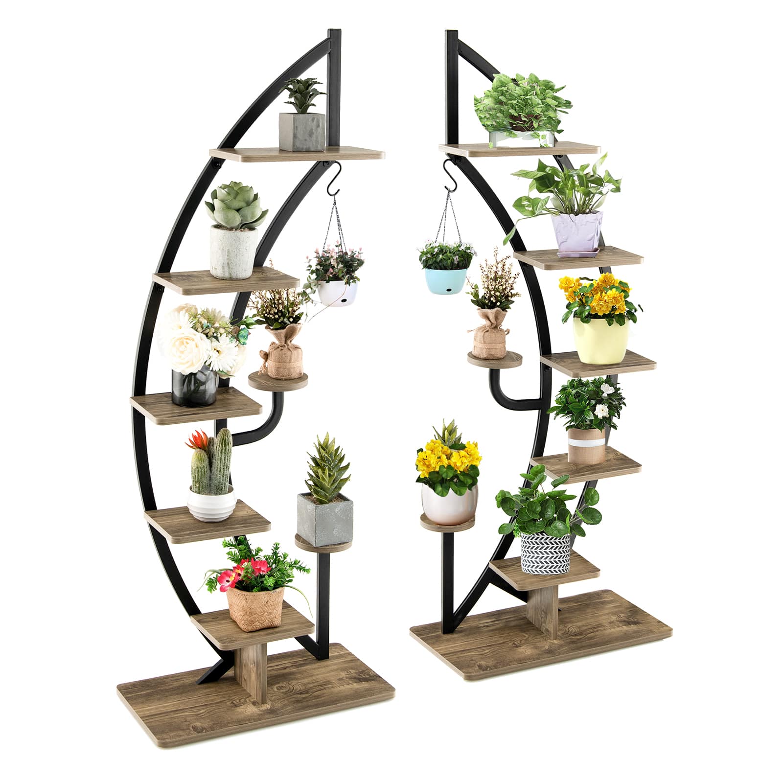 Costway - 2PC 6 Tier Metal Plant Stand Rack Half Moon Shape Ladder Planter Organizer w/Hook - Black,Natural