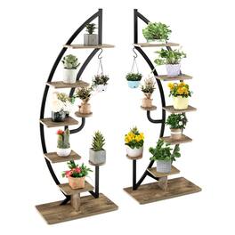 Costway - 2PC 6 Tier Metal Plant Stand Rack Half Moon Shape Ladder Planter Organizer w/Hook - Black,Natural